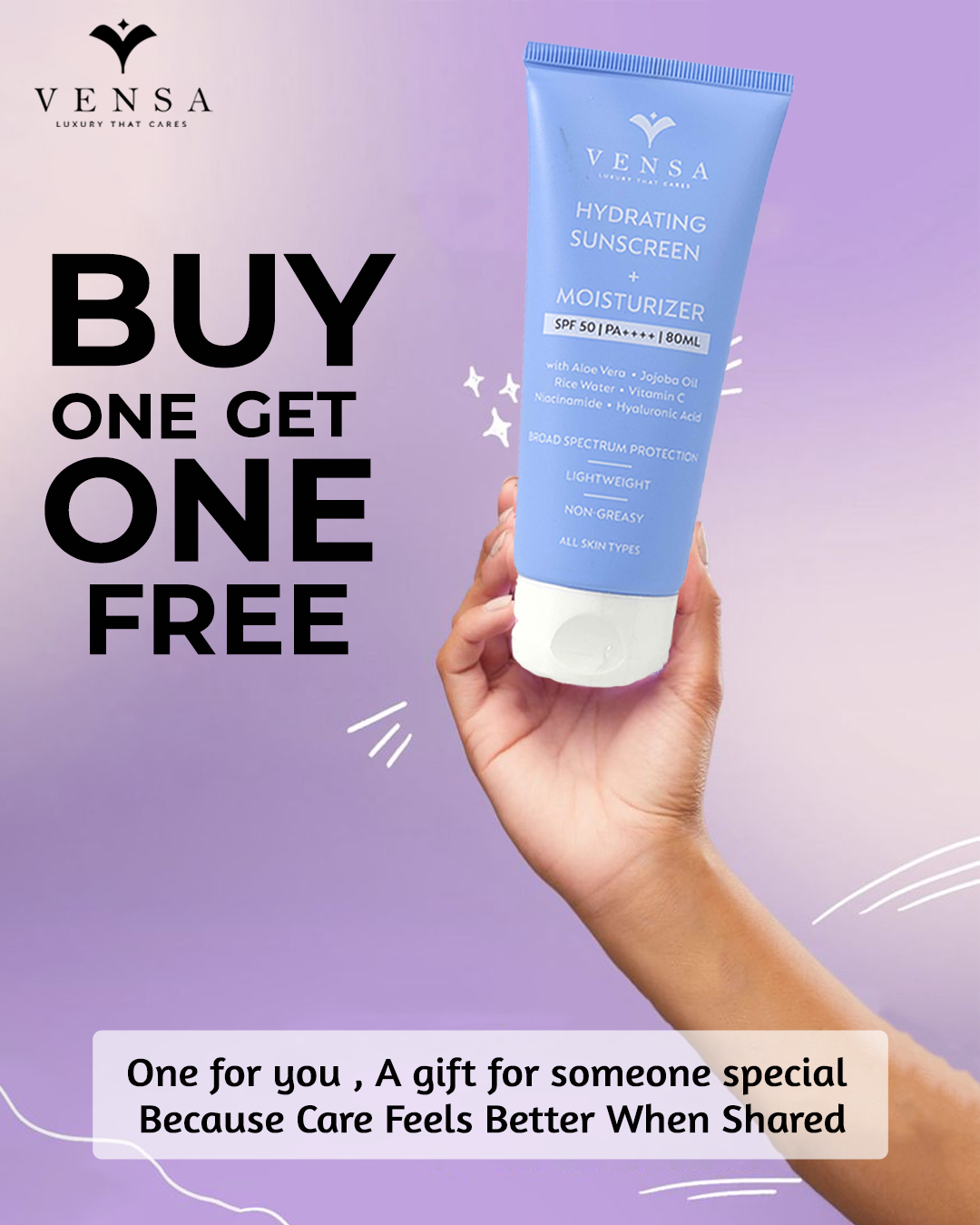 Vensa Hydrating Sunscreen + Moisturizer – BOGO 2 Bottles at ₹498 Only!